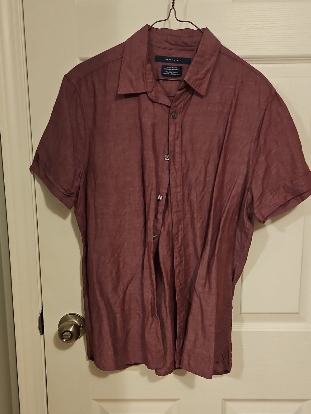 Perry Ellis Men’s Short Sleeve Linen Shirt in Plum Red